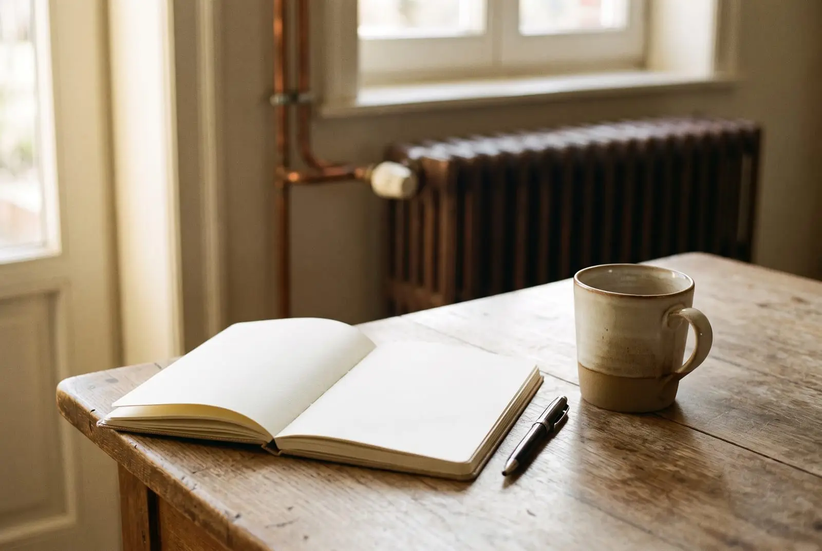 Table de cuisine le matin, carnet ouvert et tasse, radiateur en fonte flou sous la fenêtre
