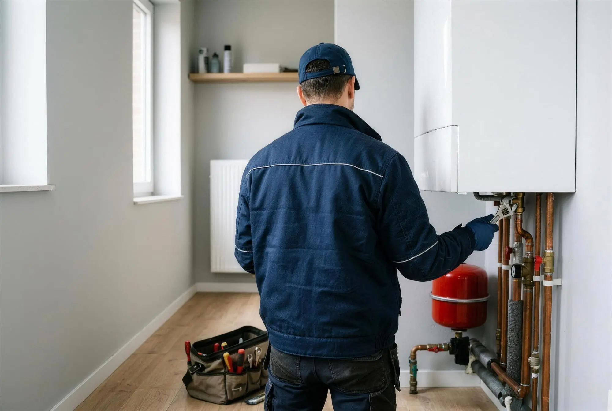 Technicus op de rug gezien, sleutel in de hand op de koperen leidingen van een witte wandketel, in een lichte berging