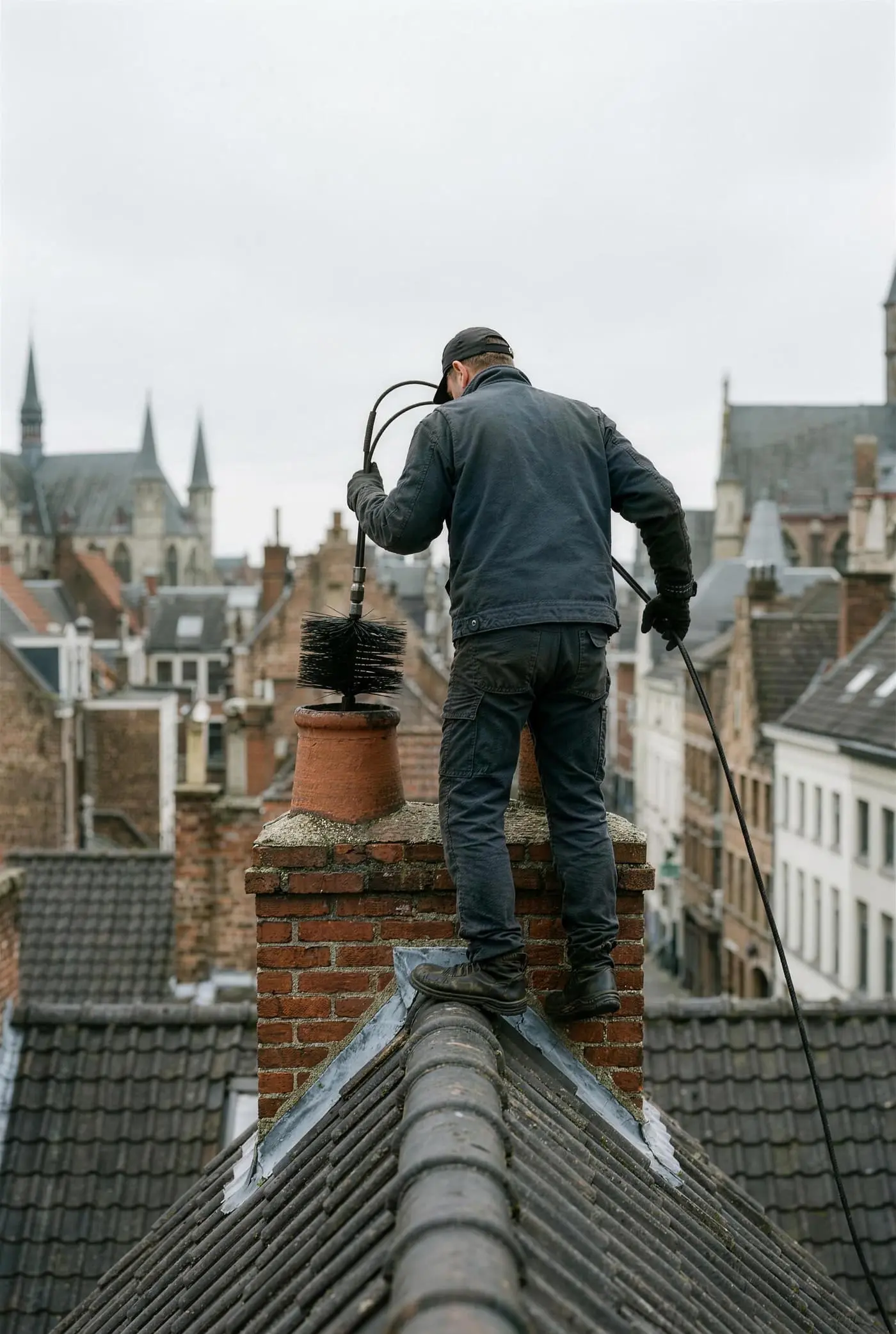 Ramoneur de dos sur un faîtage de tuiles, hérisson au-dessus d’une cheminée de briques, toits belges sous un ciel couvert