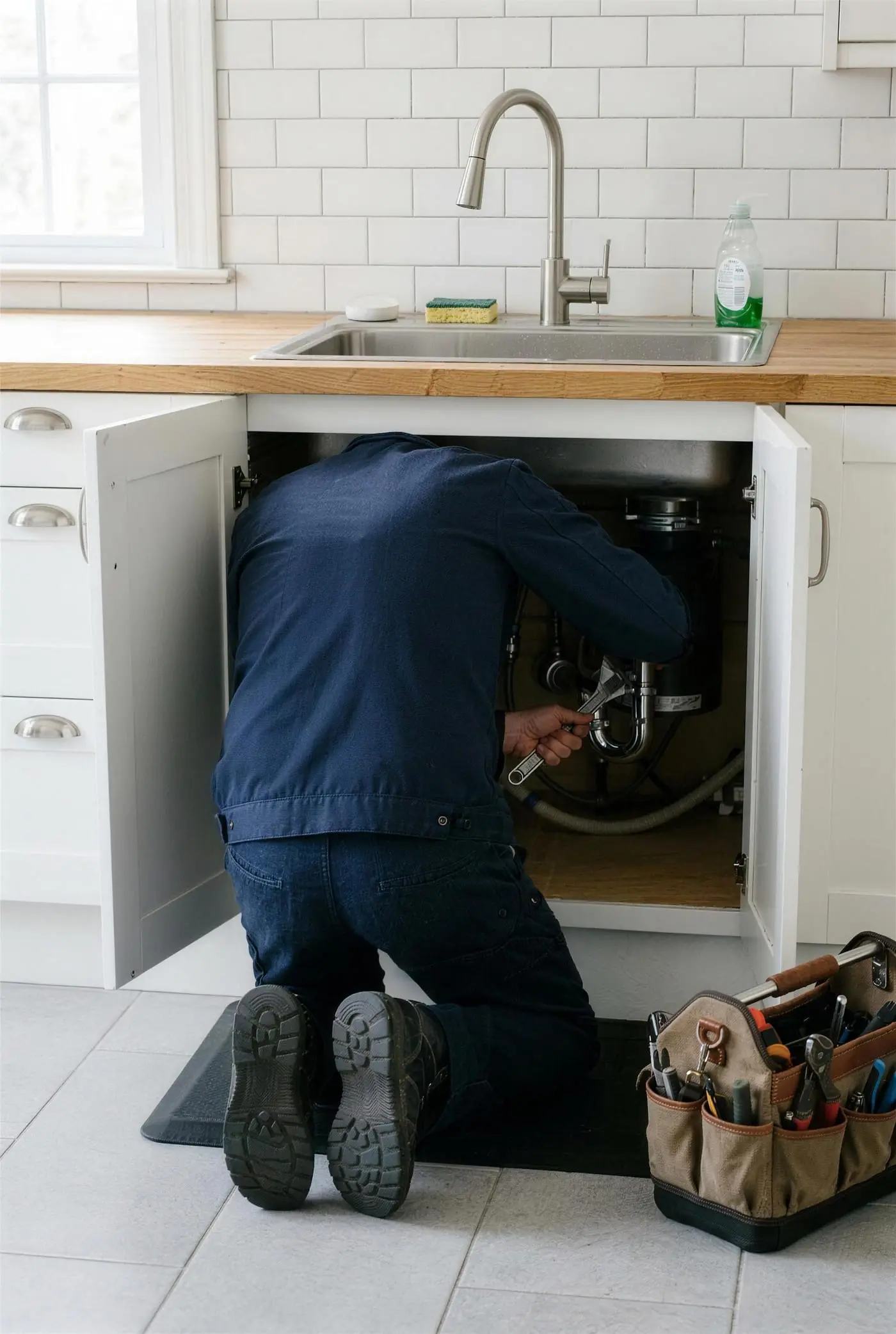 Plombier de dos, à genoux, la tête dans le meuble sous l’évier, clé sur le siphon chromé
