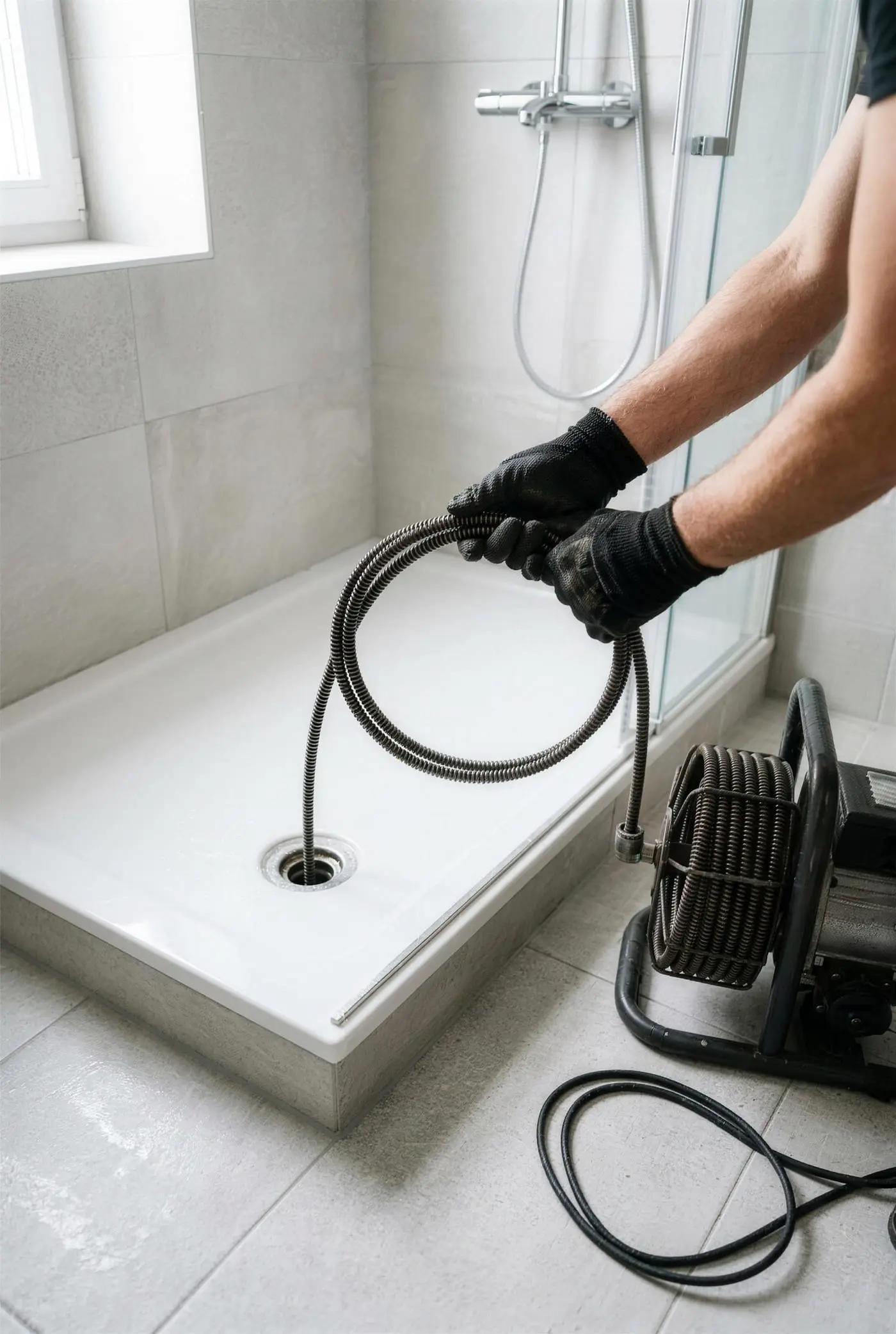 Mains gantées qui guident le câble d’un furet électrique dans la bonde d’un receveur de douche